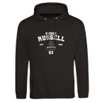 f111 merch deep-black color hoodie with russell branding.