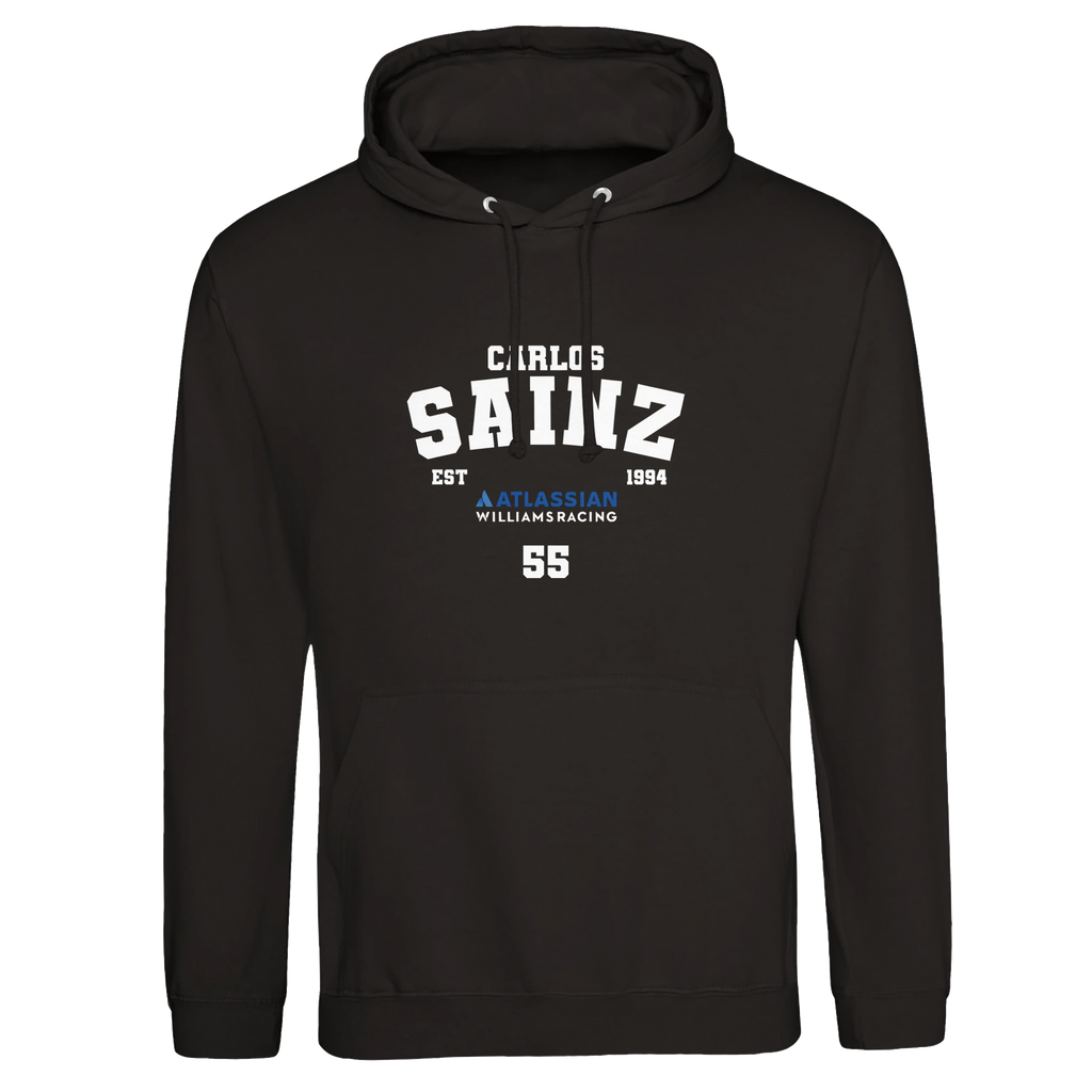 f111 merch deep-black color hoodie with sainz branding.