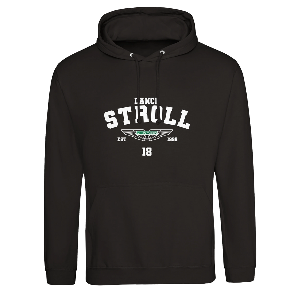 f111 merch deep-black color hoodie with stroll branding.