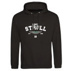 f111 merch deep-black color hoodie with stroll branding.