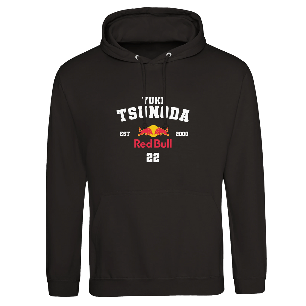 f111 merch deep-black color hoodie with tsunoda branding.