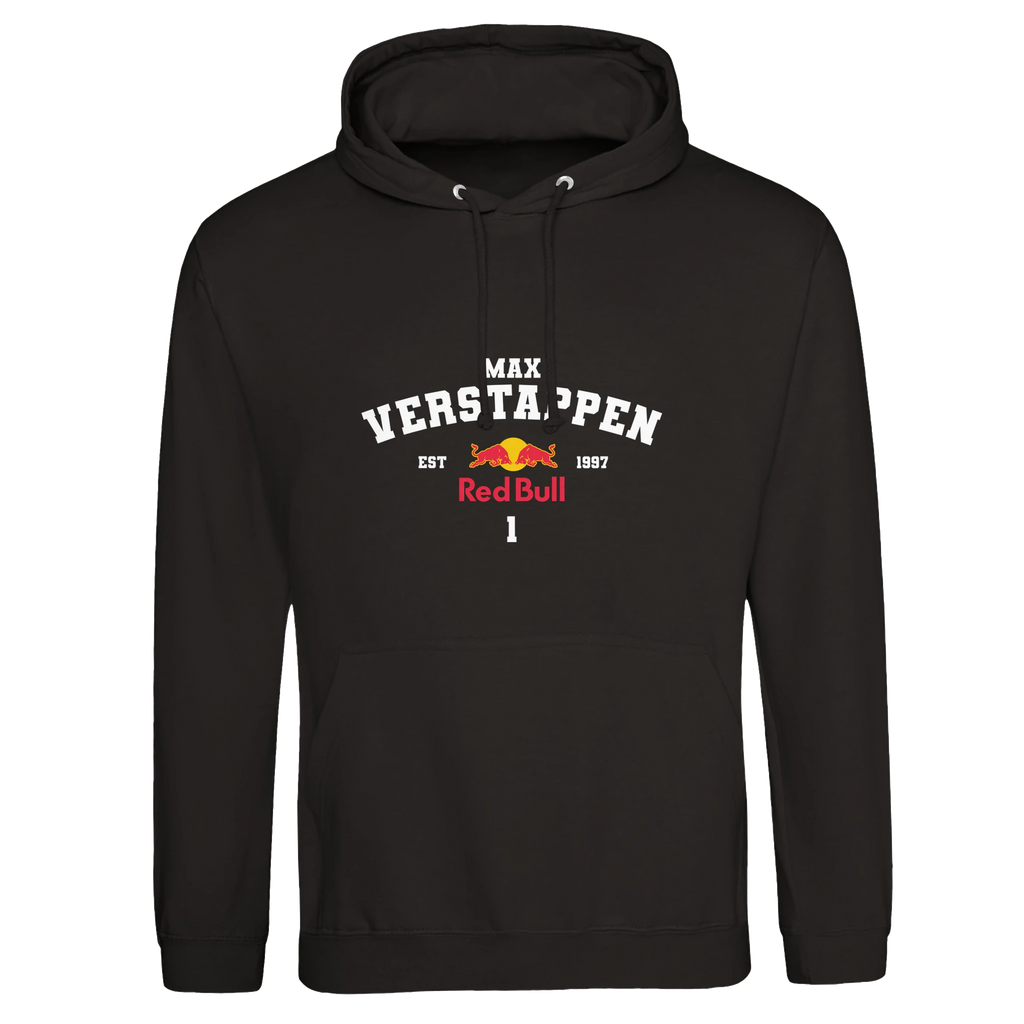f111 merch deep-black color hoodie with verstappen branding.