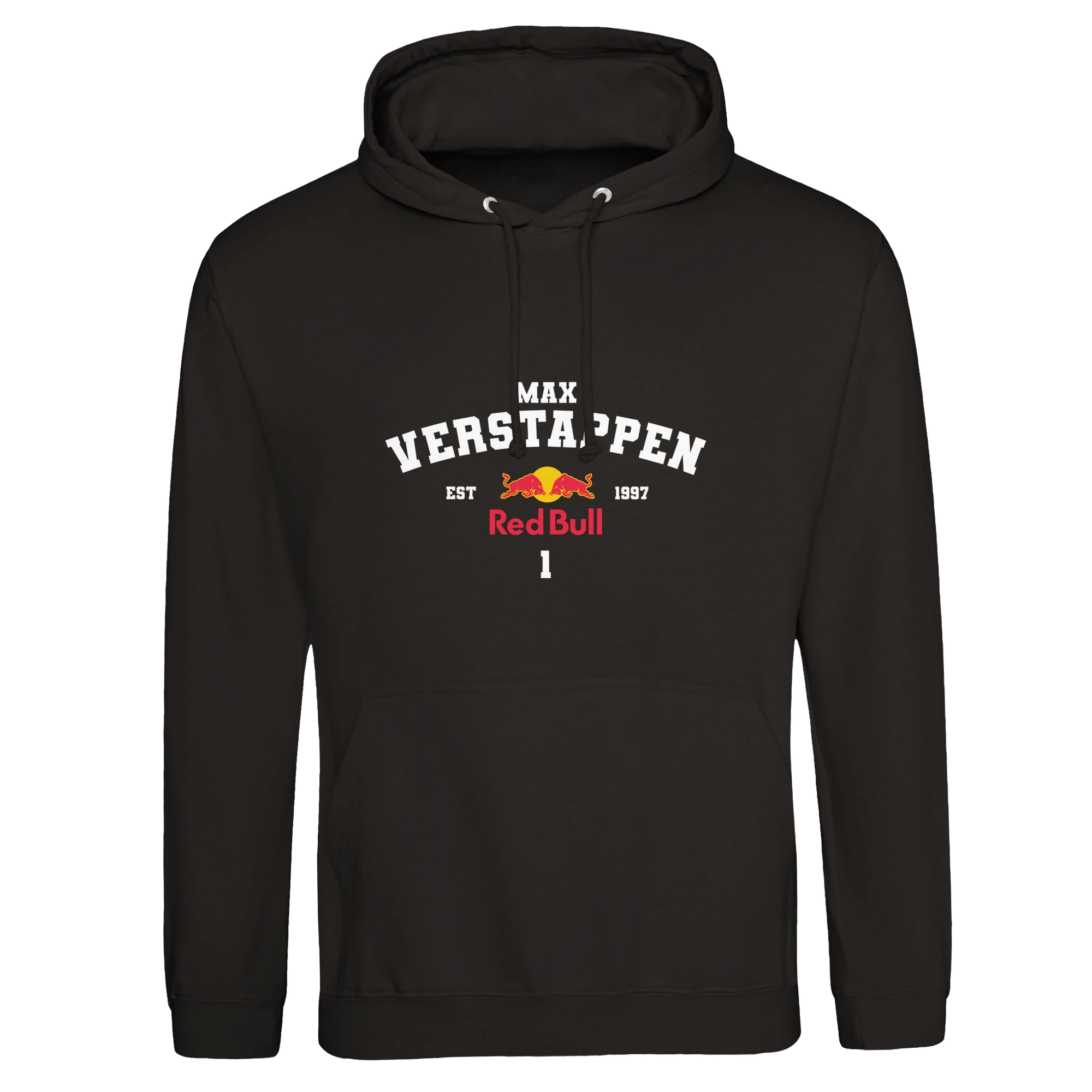 f111 merch deep-black color hoodie with verstappen branding.