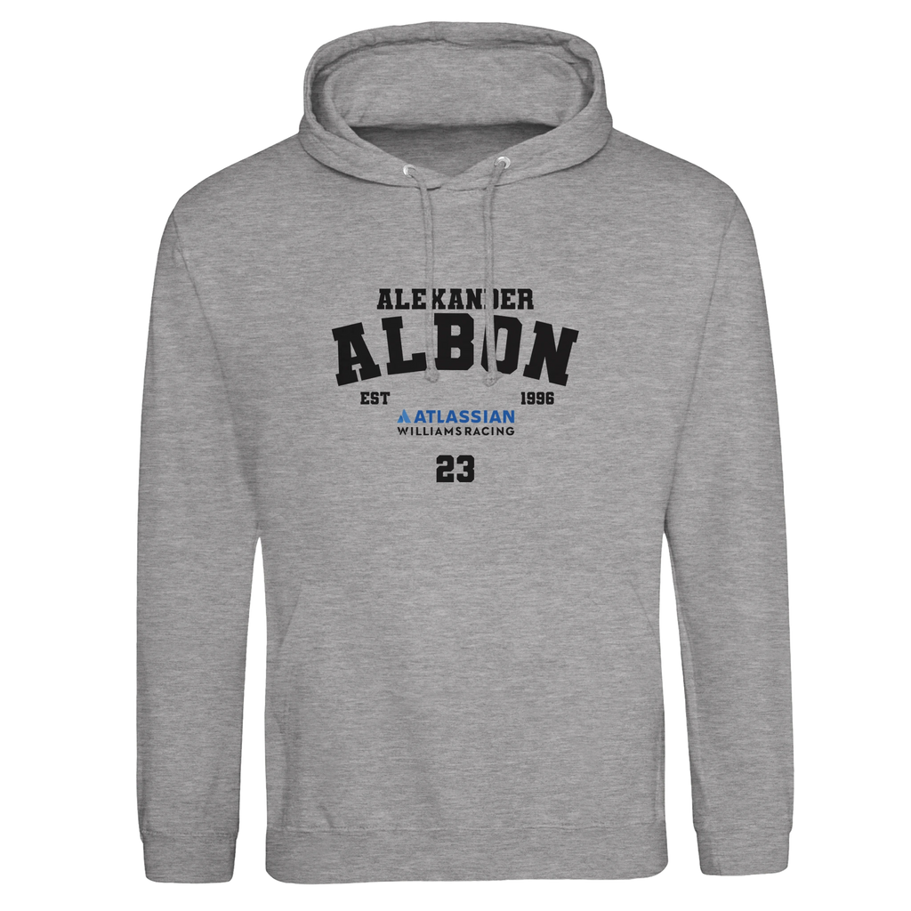 f111 merch heather-grey color hoodie with albon branding.