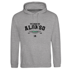 f111 merch heather-grey color hoodie with alonso branding.
