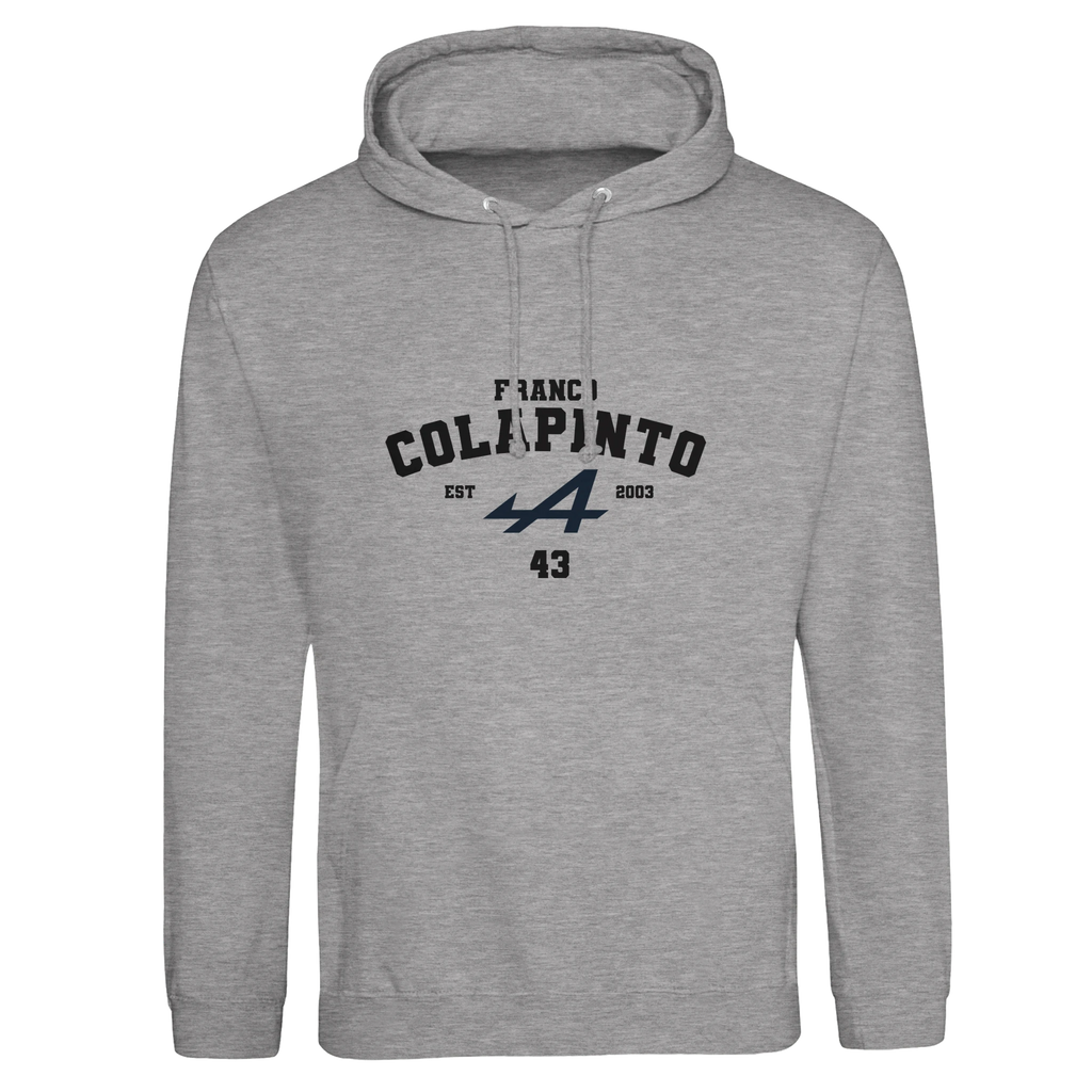 f111 merch heather-grey color hoodie with colapinto branding.