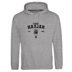 f111 merch heather-grey color hoodie with hadjar branding.
