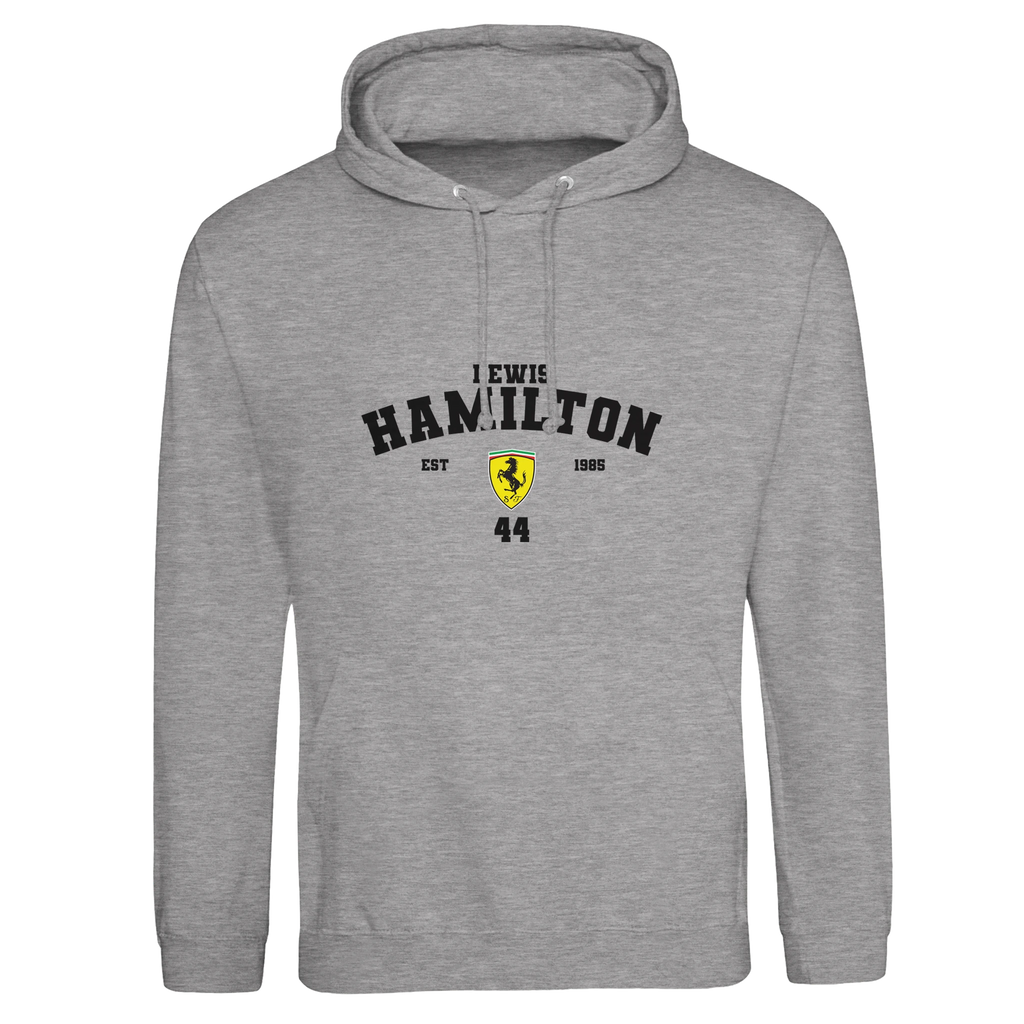 f111 merch heather-grey color hoodie with hamilton branding.