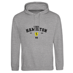 f111 merch heather-grey color hoodie with hamilton branding.