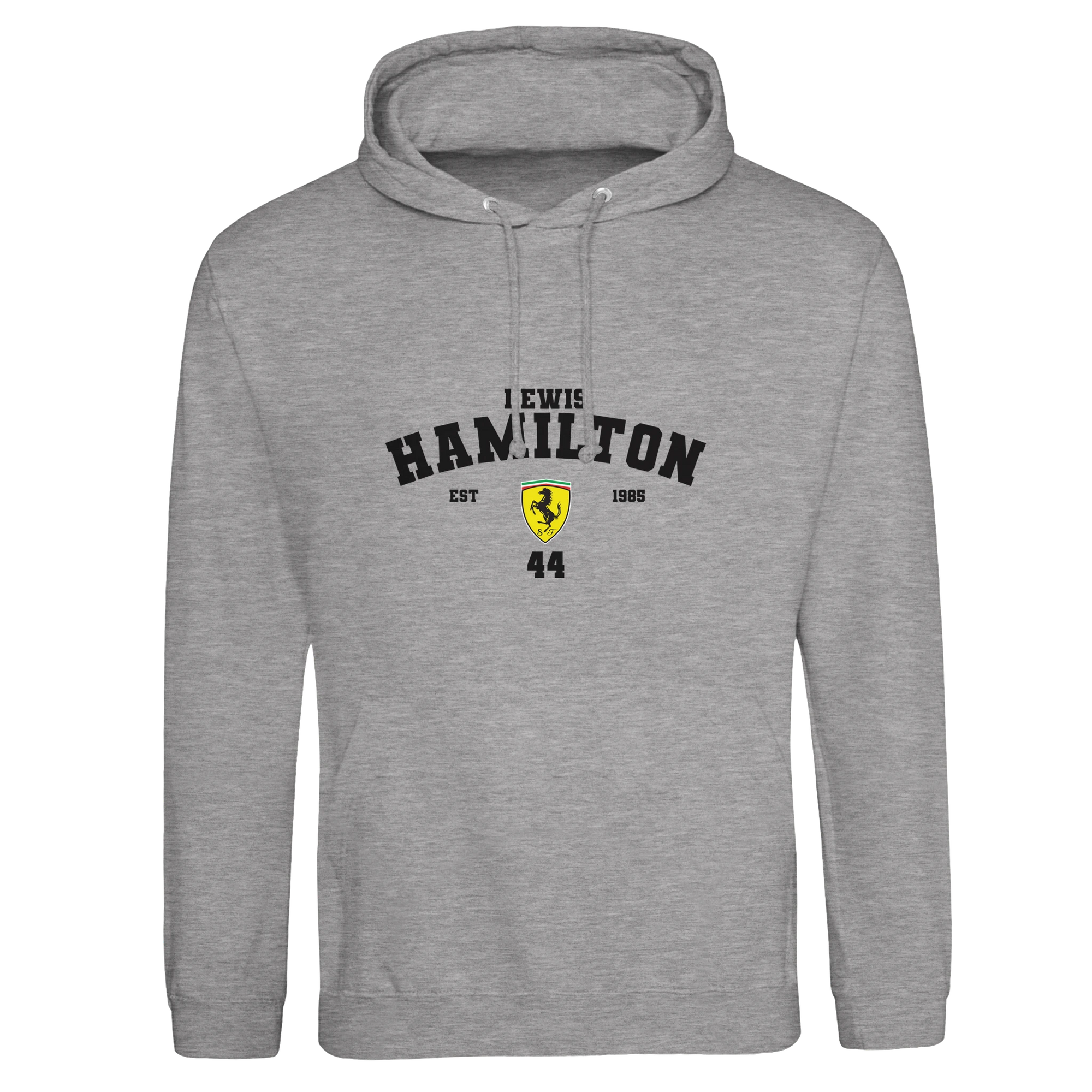 f111 merch heather-grey color hoodie with hamilton branding.