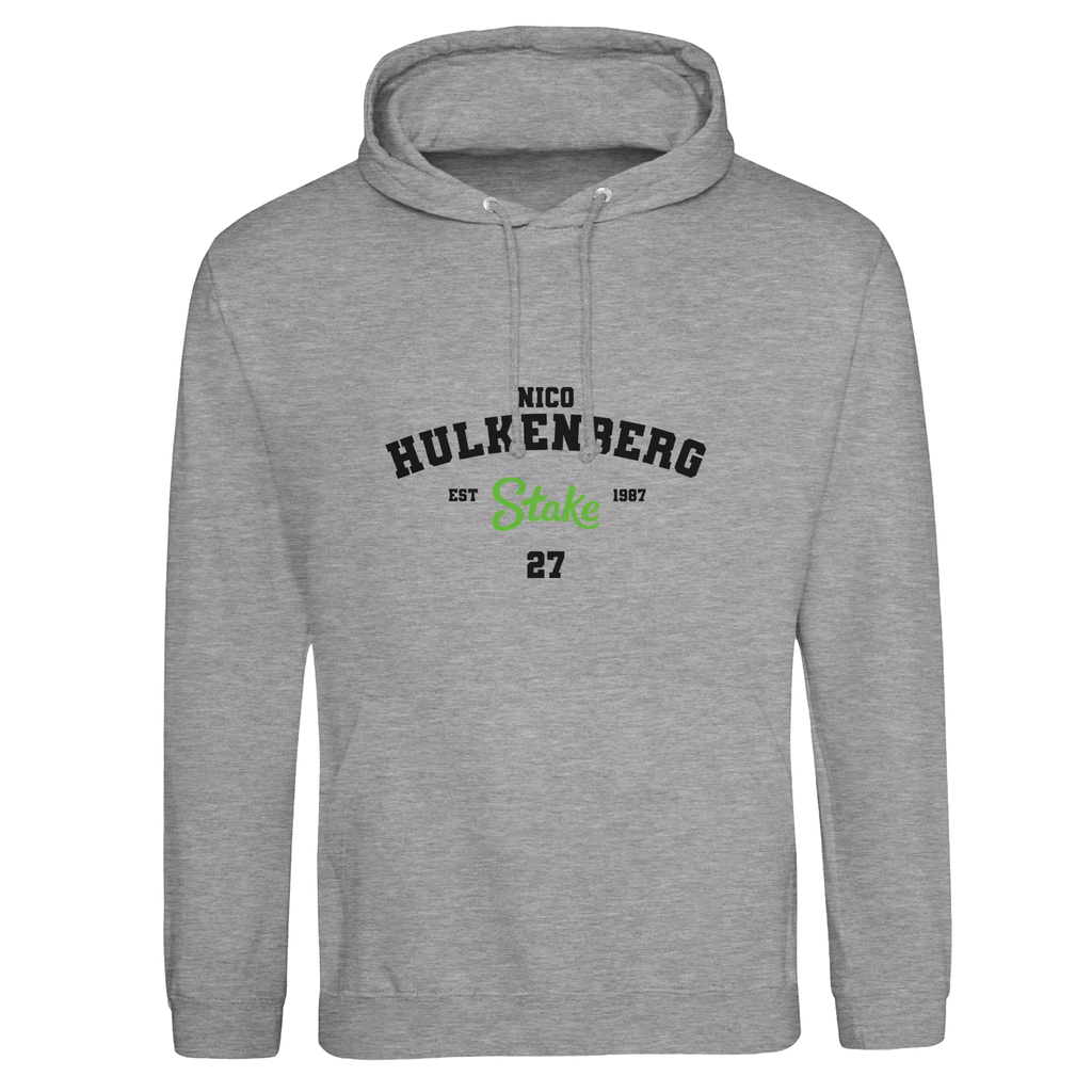 f111 merch heather-grey color hoodie with hulkenberg branding.