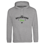 f111 merch heather-grey color hoodie with hulkenberg branding.