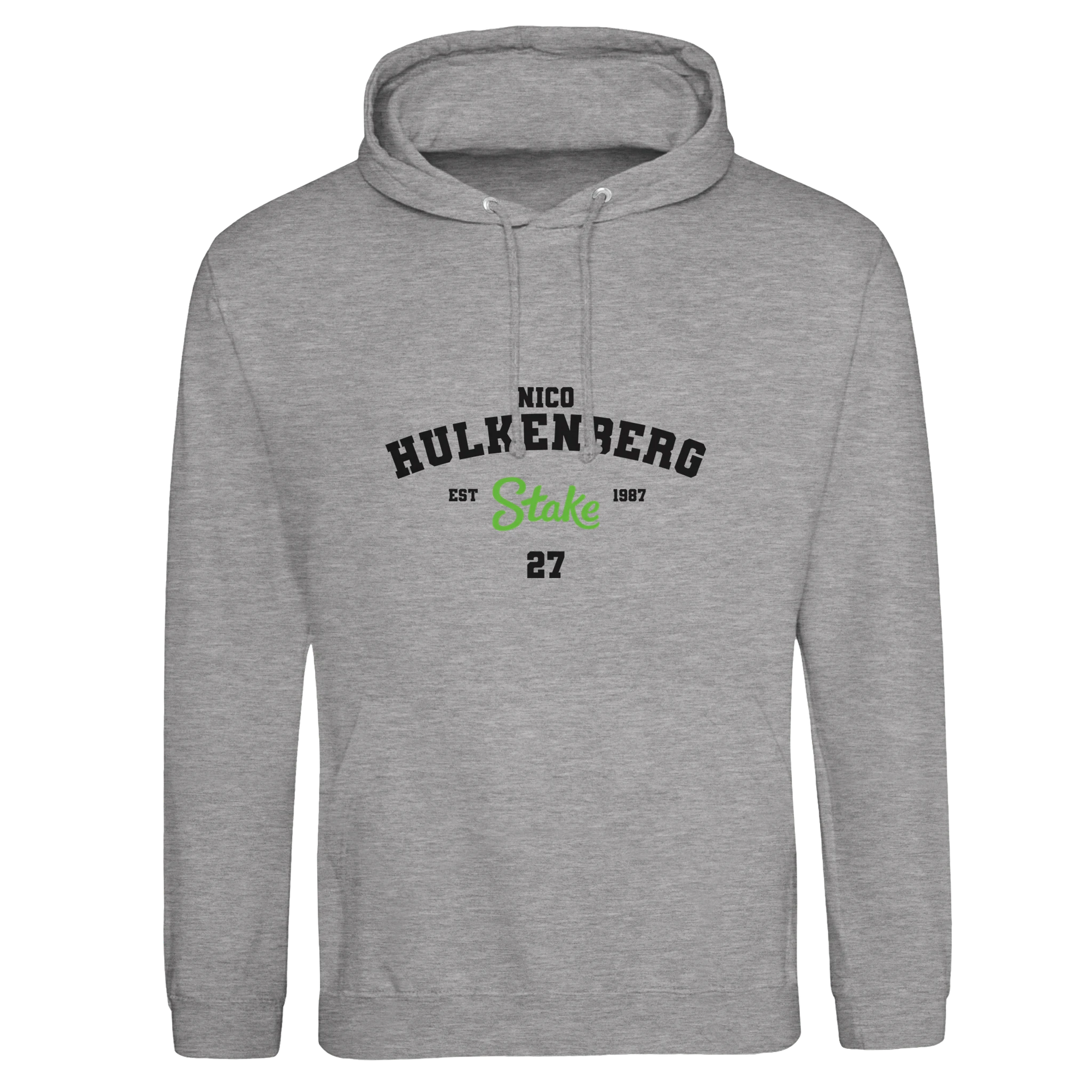 f111 merch heather-grey color hoodie with hulkenberg branding.