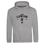 f111 merch heather-grey color hoodie with lawson branding.