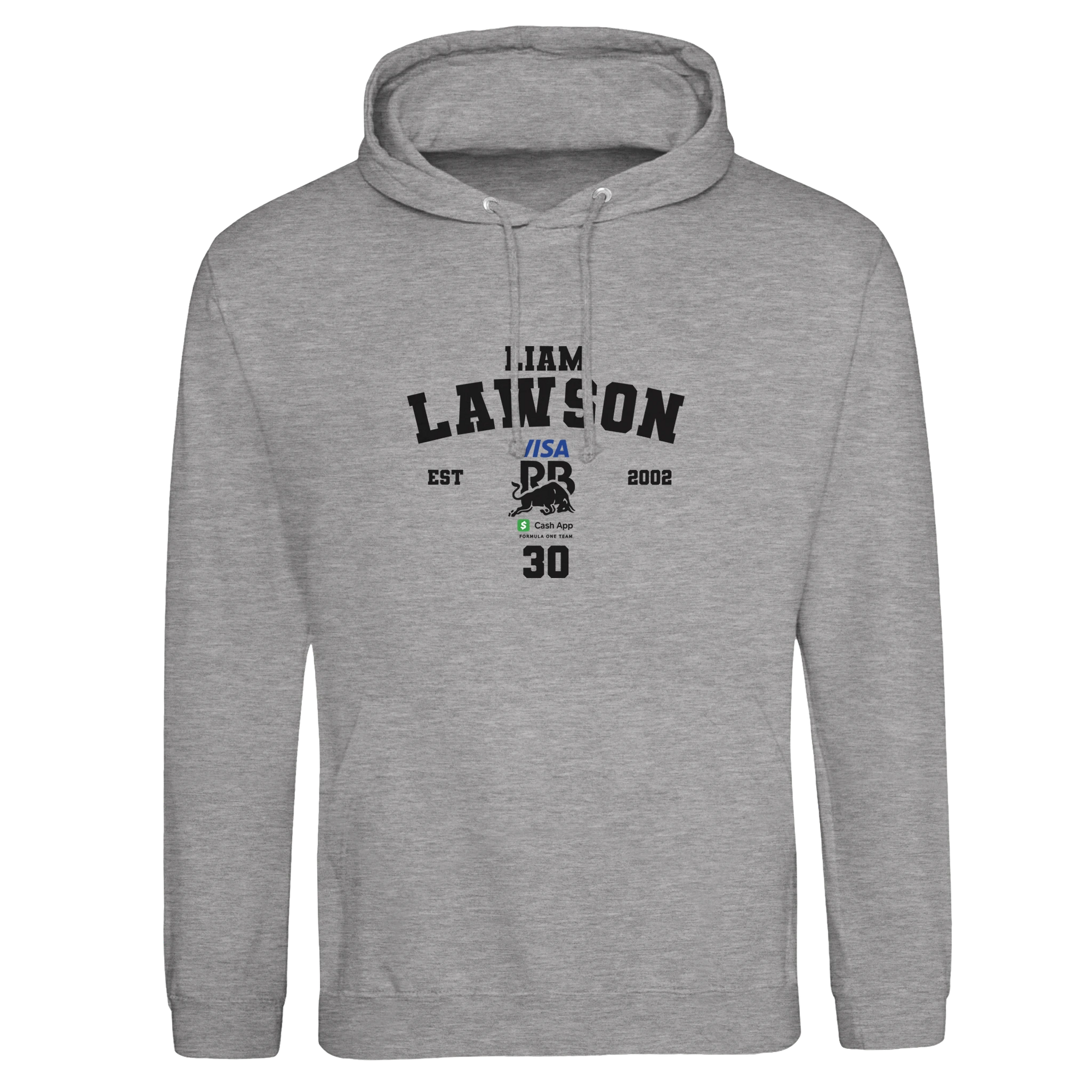 f111 merch heather-grey color hoodie with lawson branding.