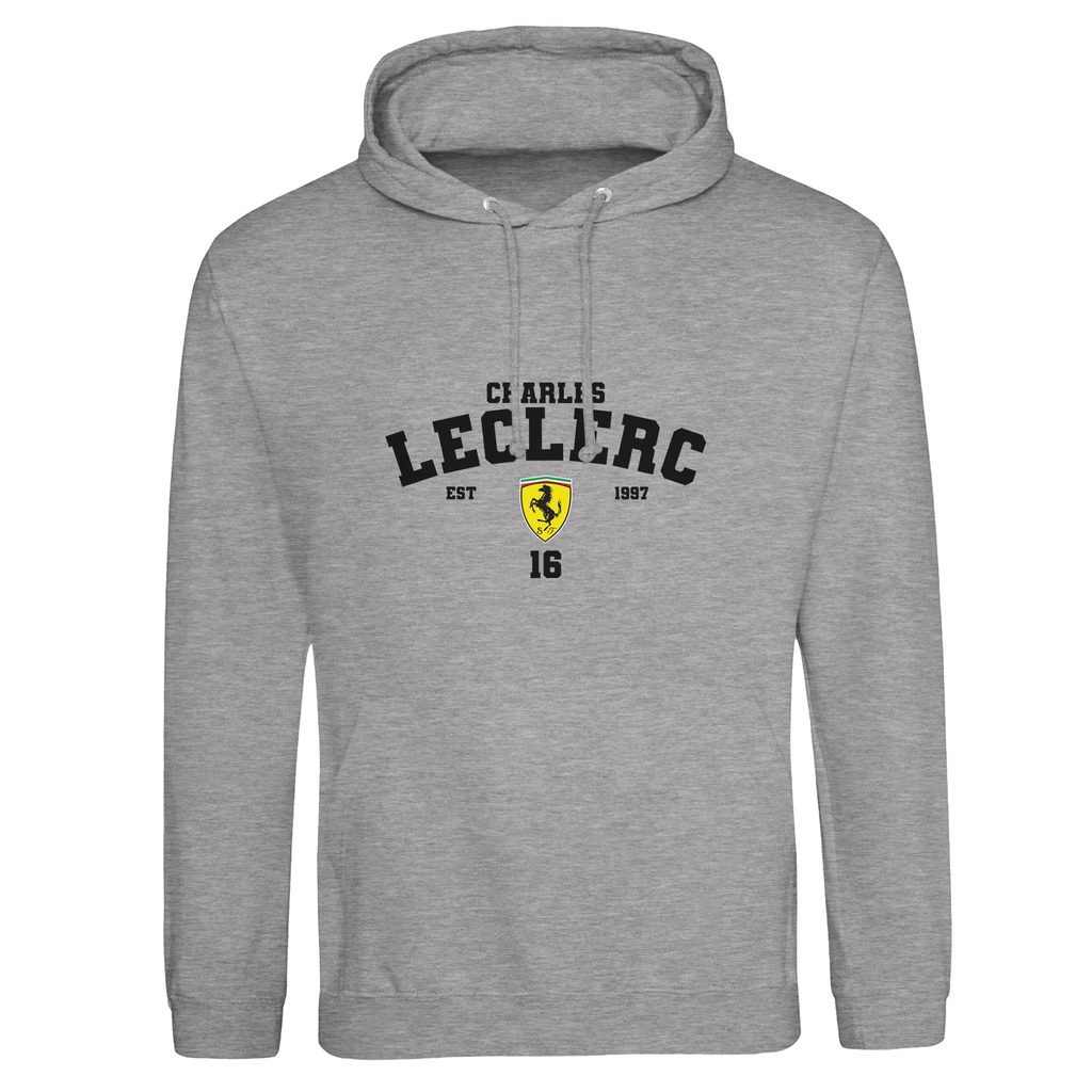 f111 merch heather-grey color hoodie with leclerc branding.