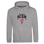 f111 merch heather-grey color hoodie with ocon branding.