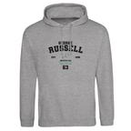 f111 merch heather-grey color hoodie with russell branding.