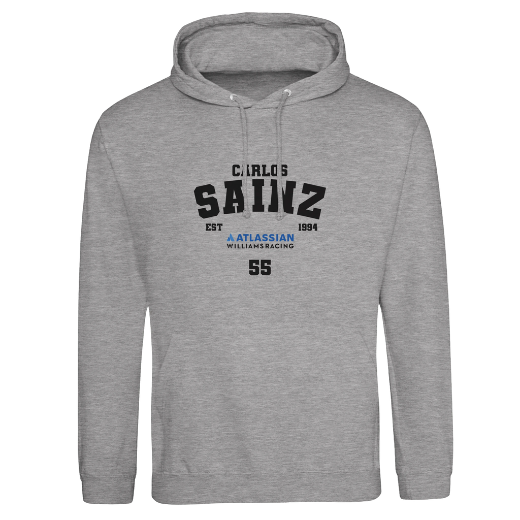 f111 merch heather-grey color hoodie with sainz branding.
