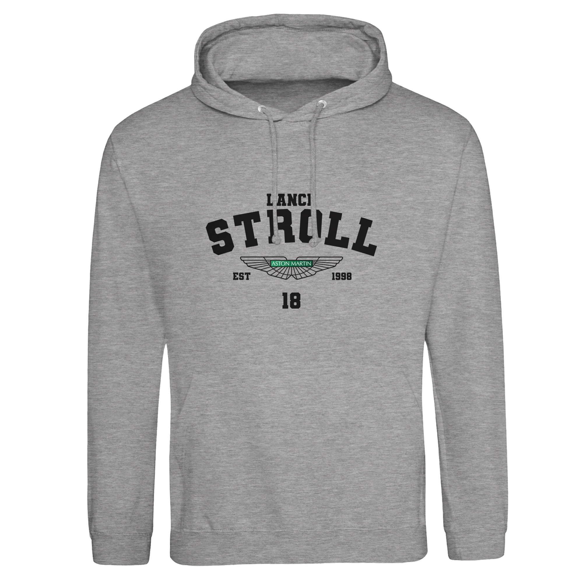 f111 merch heather-grey color hoodie with stroll branding.