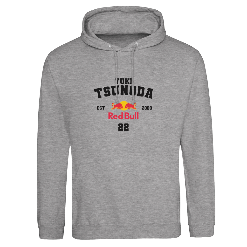 f111 merch heather-grey color hoodie with tsunoda branding.