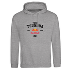 f111 merch heather-grey color hoodie with tsunoda branding.