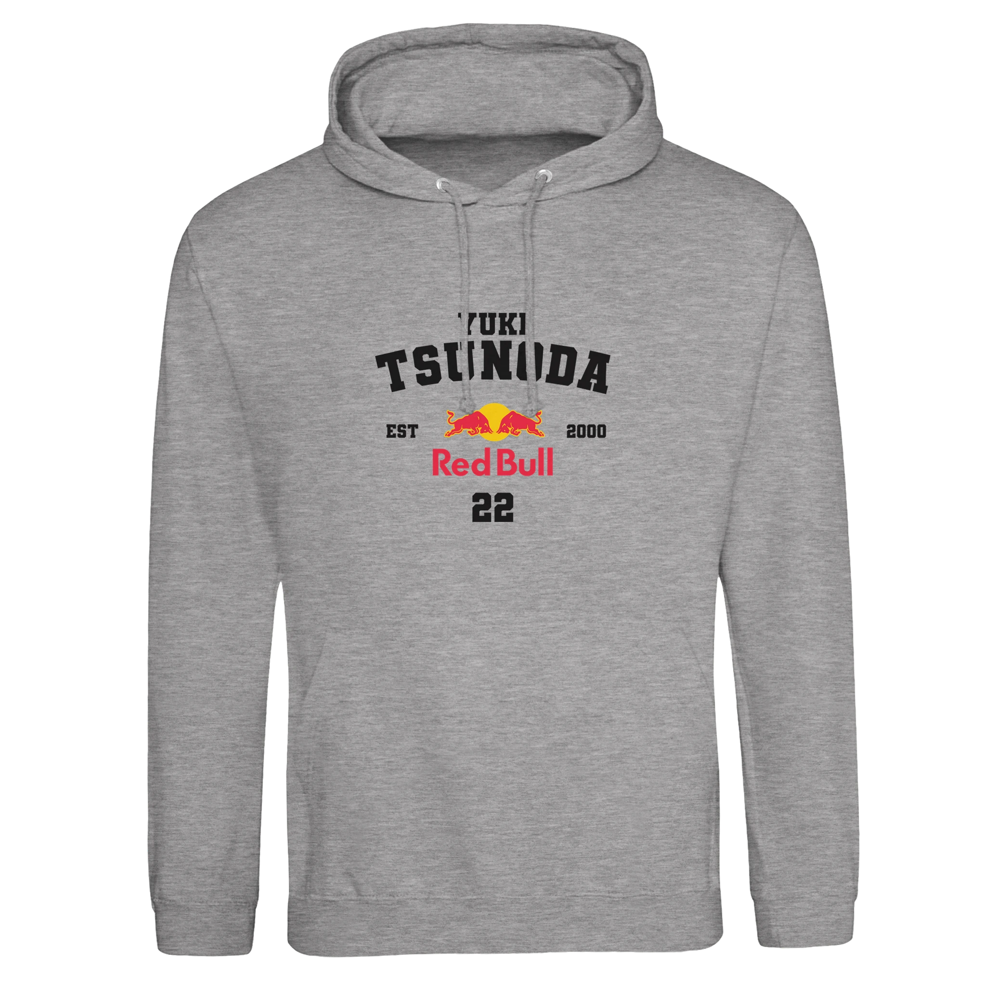 f111 merch heather-grey color hoodie with tsunoda branding.