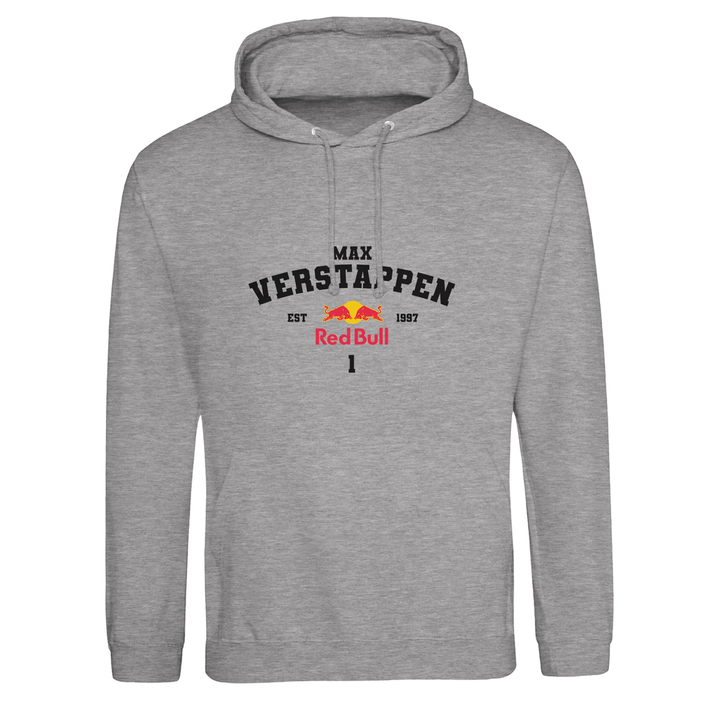f111 merch heather-grey color hoodie with verstappen branding.