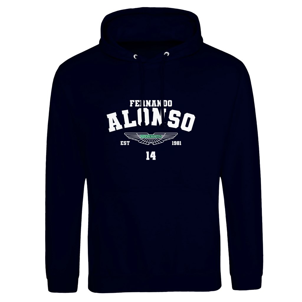 f111 merch oxford-navy color hoodie with alonso branding.