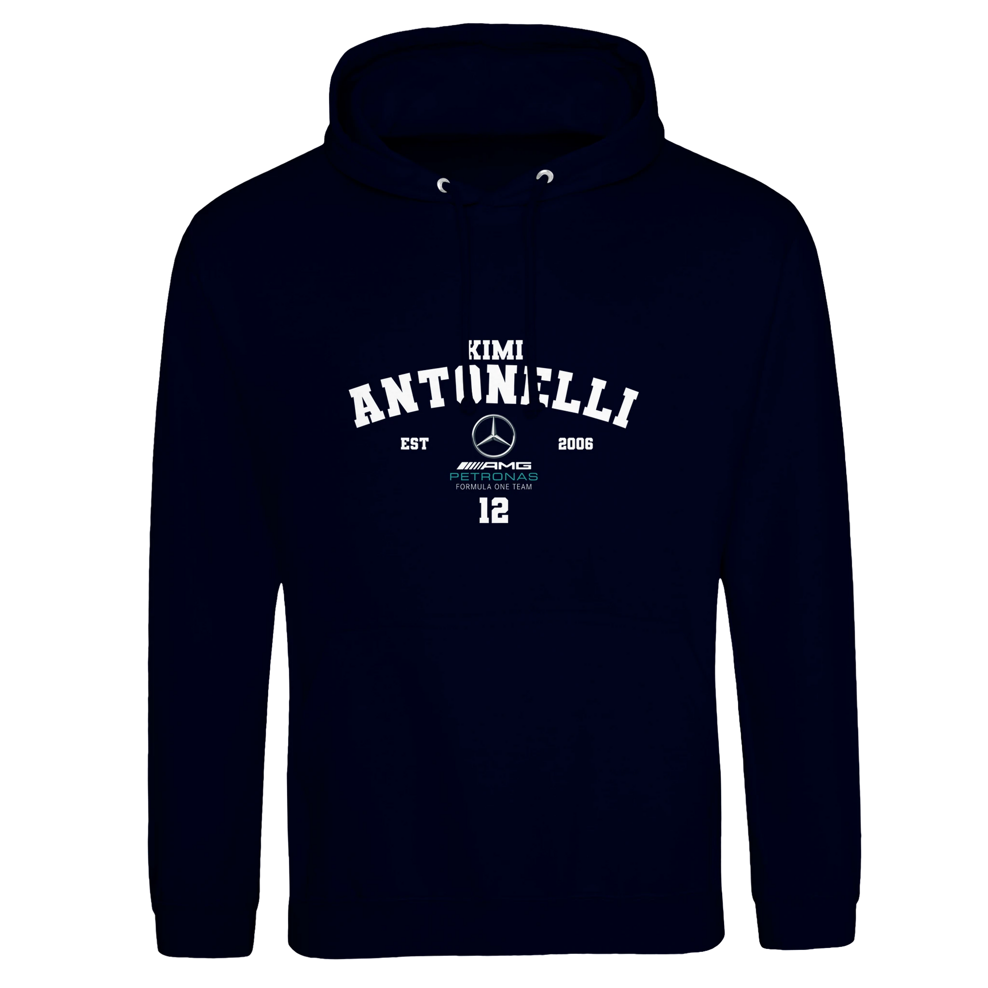 f111 merch oxford-navy color hoodie with antonelli branding.