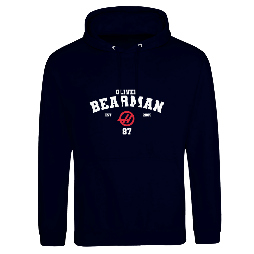 f111 merch oxford-navy color hoodie with bearman branding.