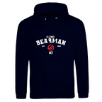 f111 merch oxford-navy color hoodie with bearman branding.