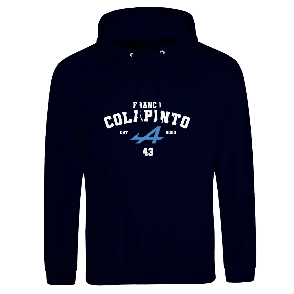 f111 merch oxford-navy color hoodie with colapinto branding.