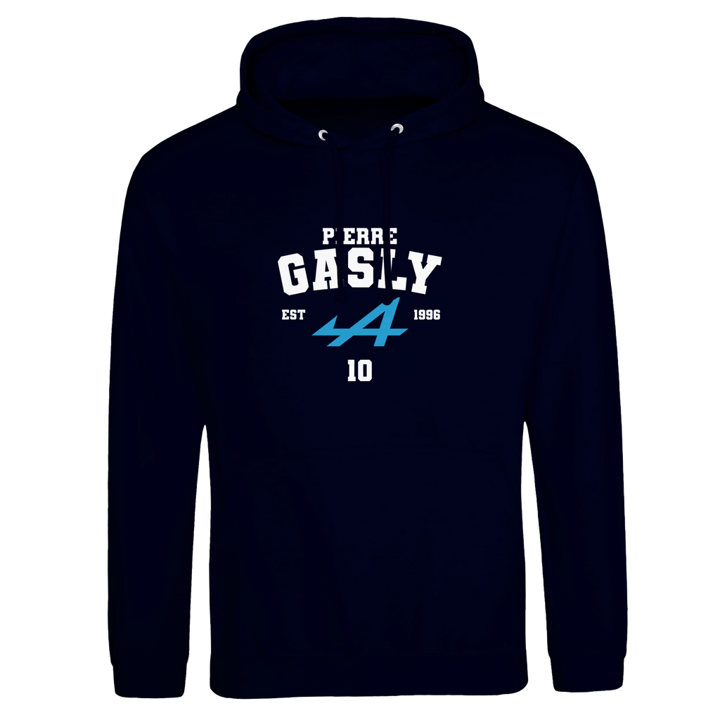f111 merch oxford-navy color hoodie with gasly branding.