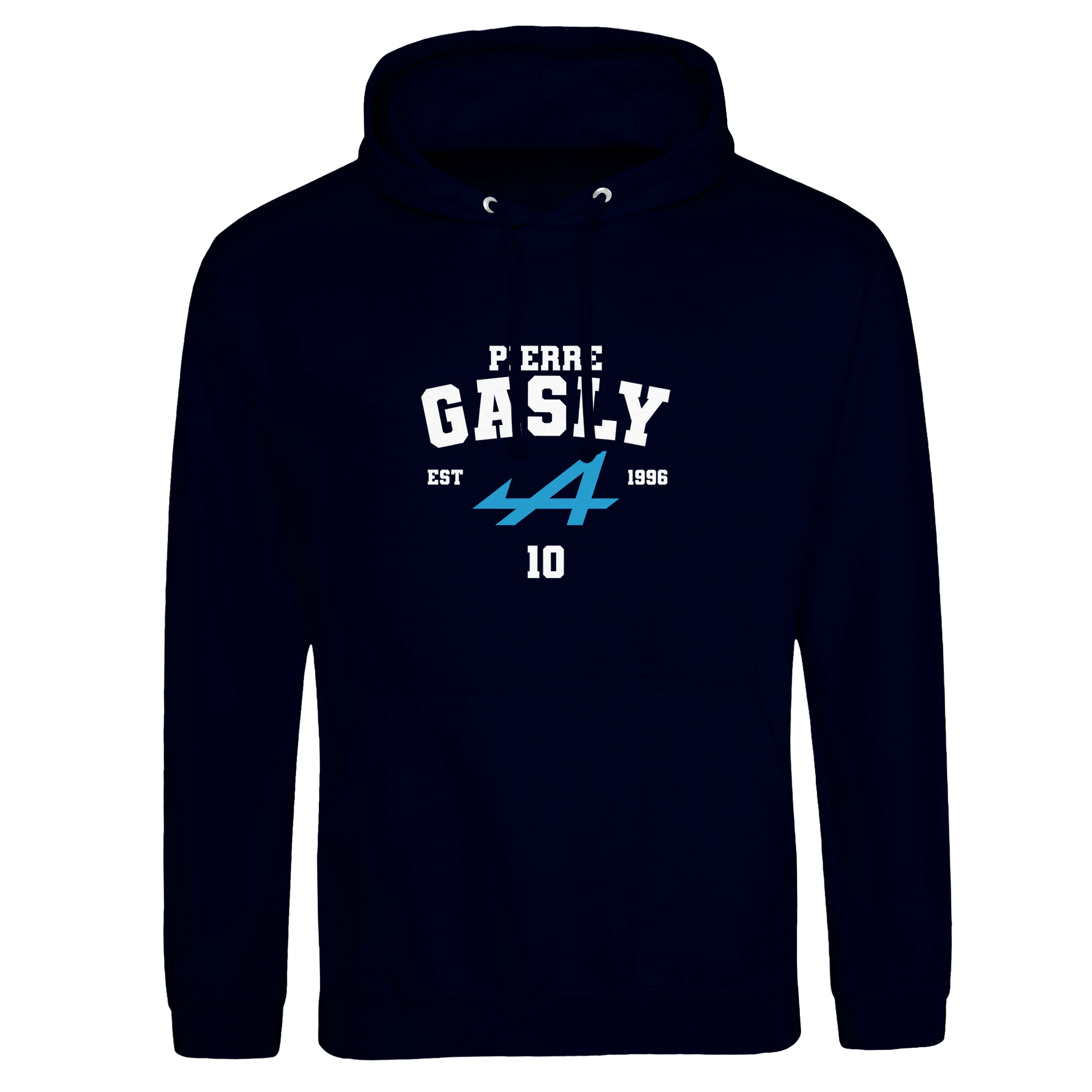 f111 merch oxford-navy color hoodie with gasly branding.