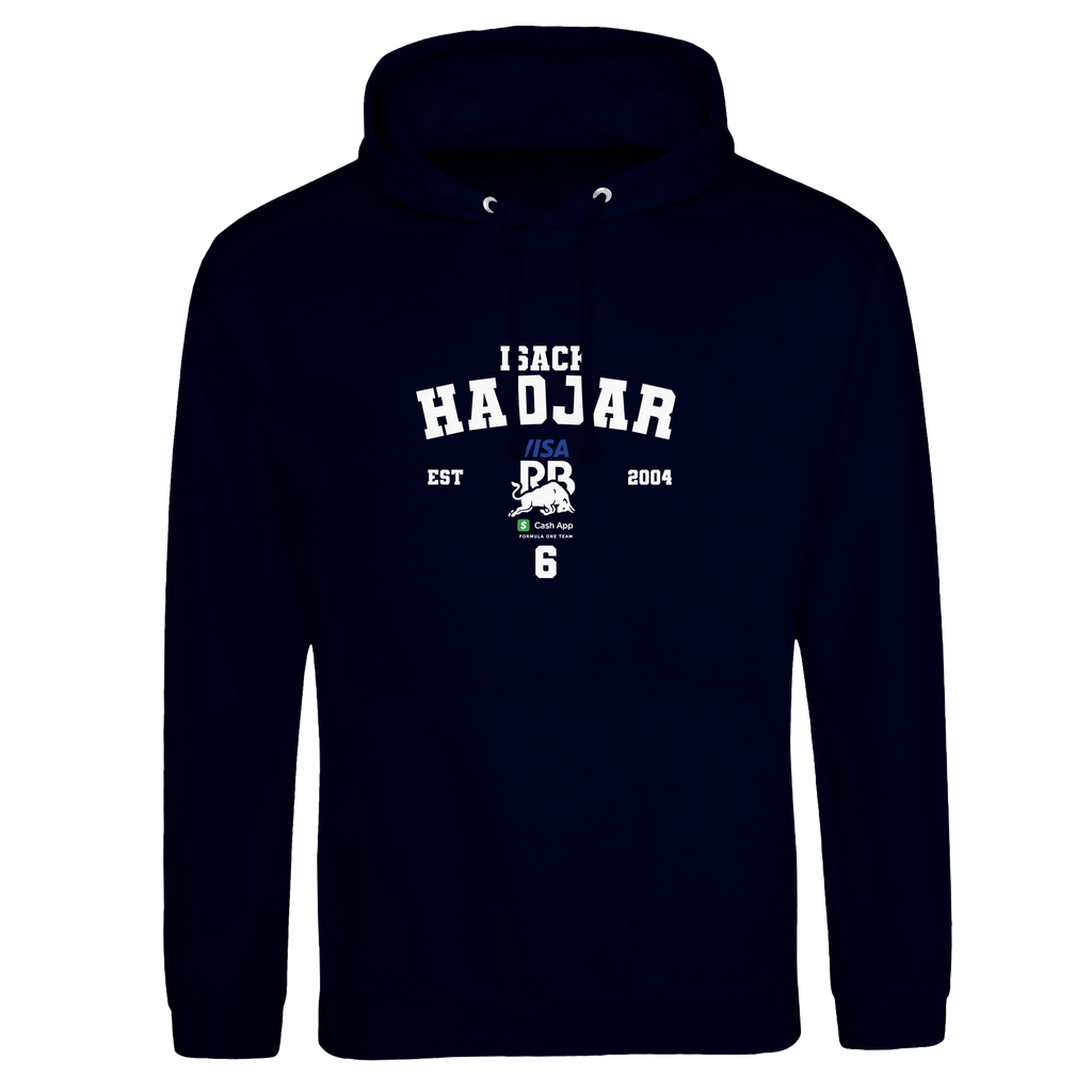 f111 merch oxford-navy color hoodie with hadjar branding.