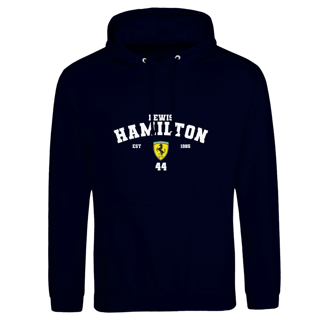 f111 merch oxford-navy color hoodie with hamilton branding.