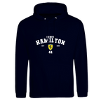 f111 merch oxford-navy color hoodie with hamilton branding.
