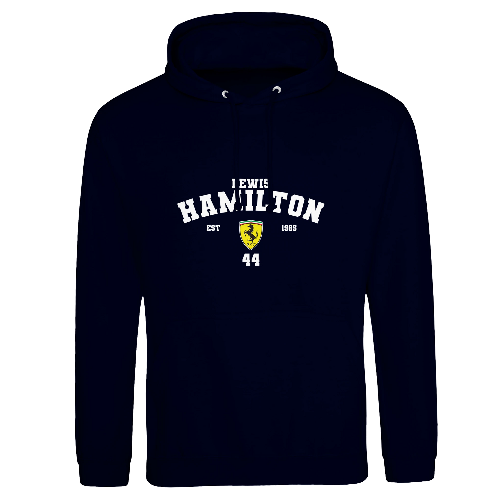 f111 merch oxford-navy color hoodie with hamilton branding.