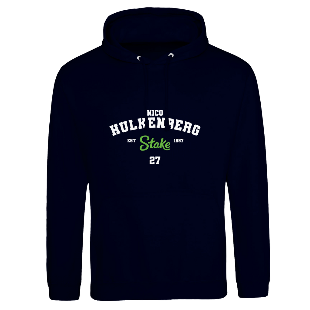 f111 merch oxford-navy color hoodie with hulkenberg branding.