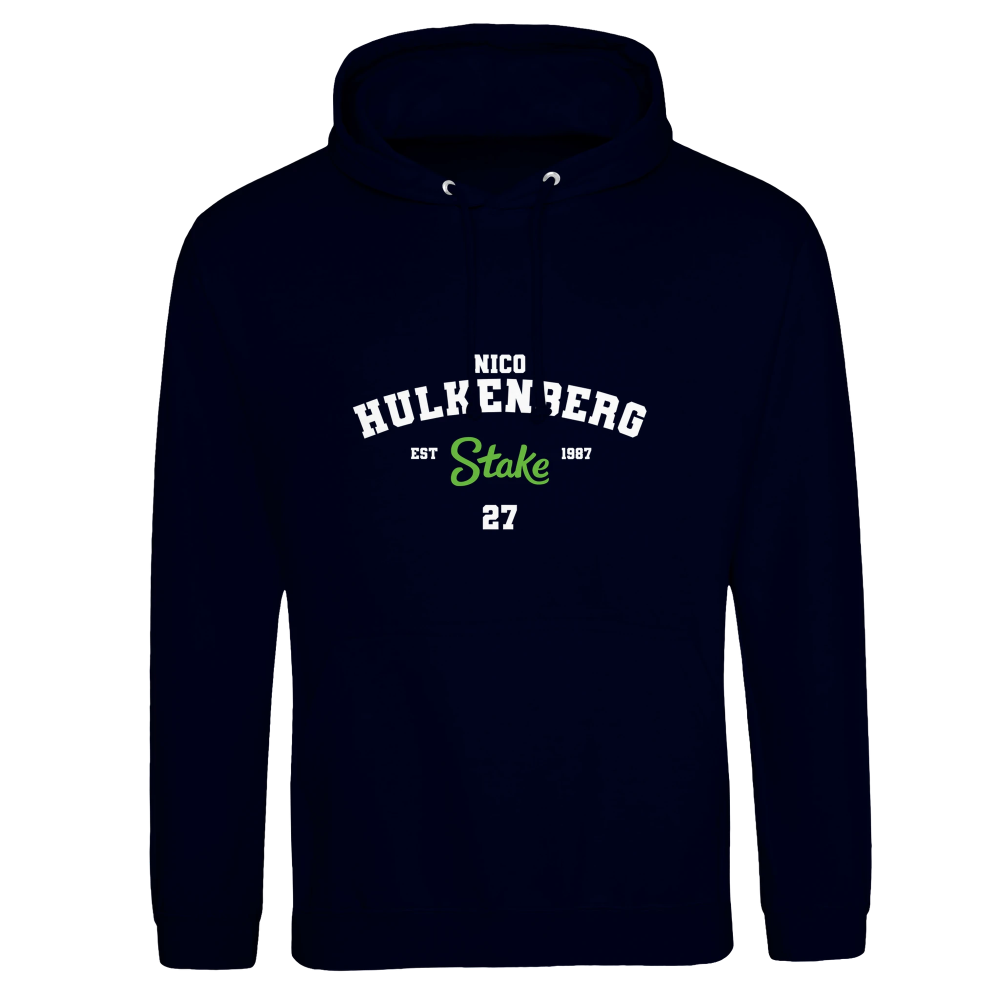 f111 merch oxford-navy color hoodie with hulkenberg branding.
