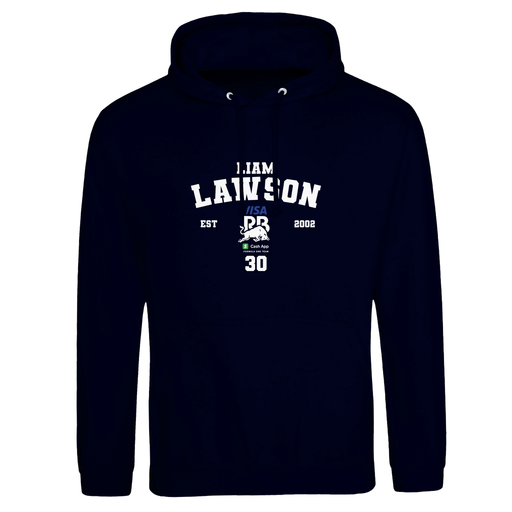 f111 merch oxford-navy color hoodie with lawson branding.
