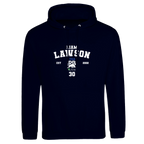 f111 merch oxford-navy color hoodie with lawson branding.