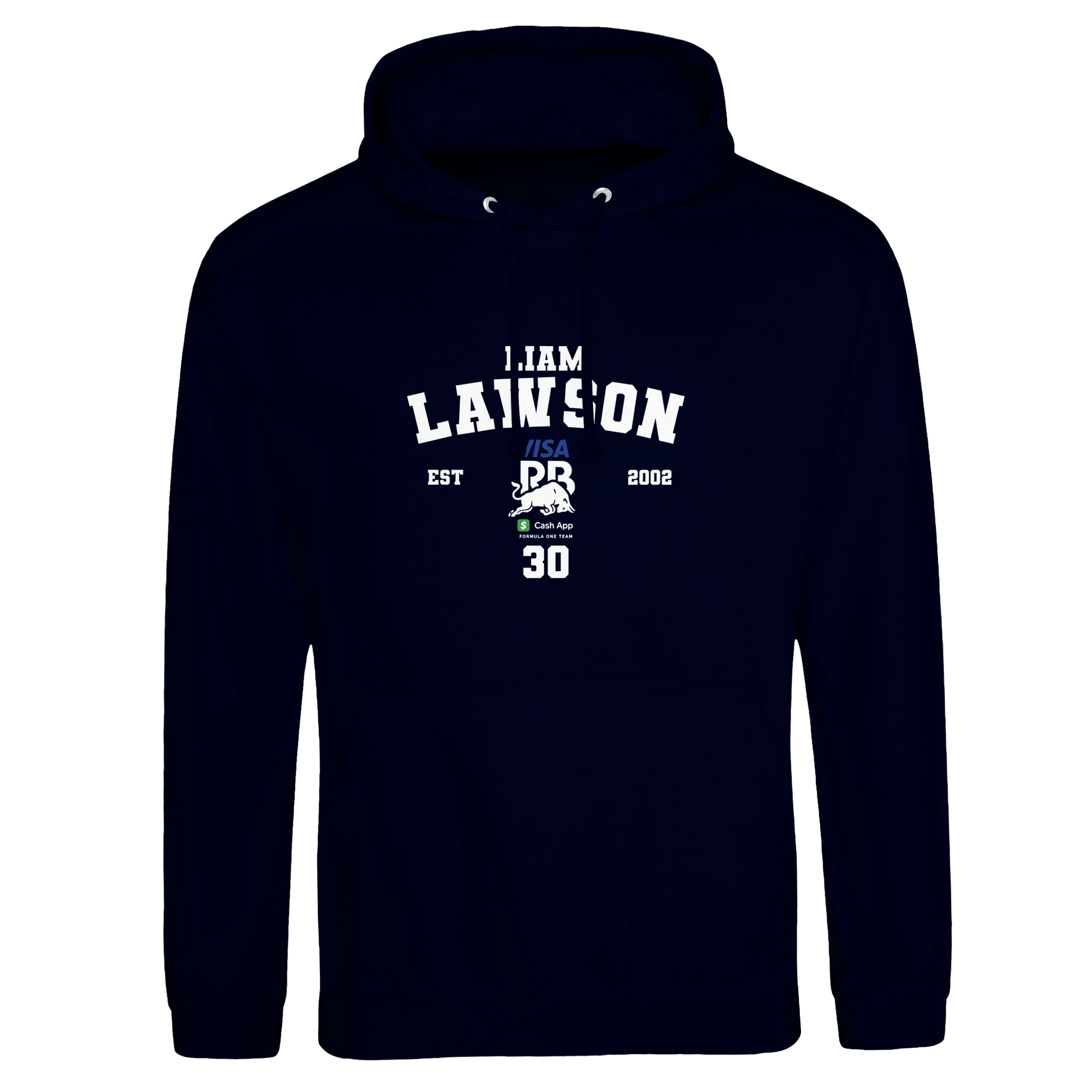 f111 merch oxford-navy color hoodie with lawson branding.