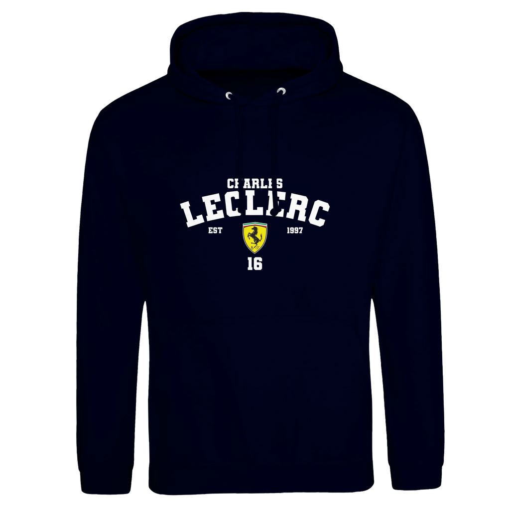 f111 merch oxford-navy color hoodie with leclerc branding.