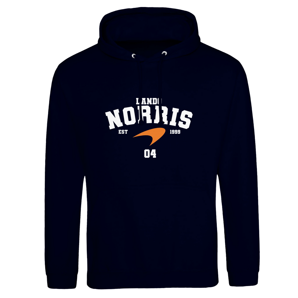 f111 merch oxford-navy color hoodie with norris branding.