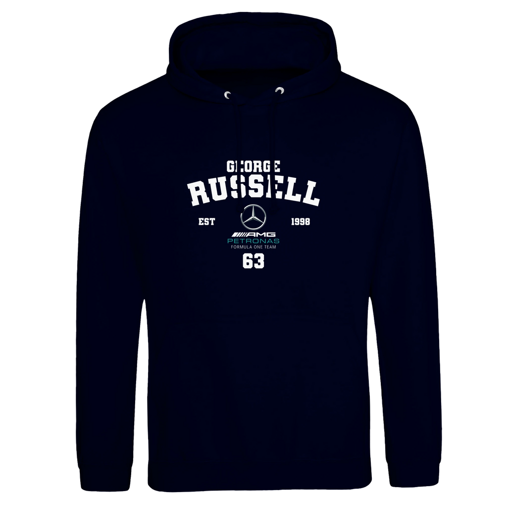 f111 merch oxford-navy color hoodie with russell branding.