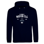 f111 merch oxford-navy color hoodie with russell branding.
