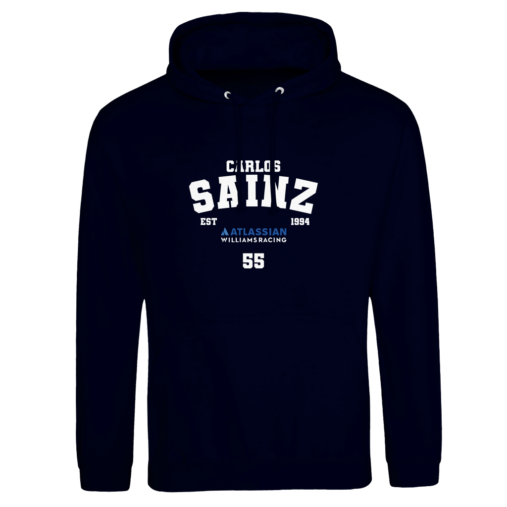 f111 merch oxford-navy color hoodie with sainz branding.