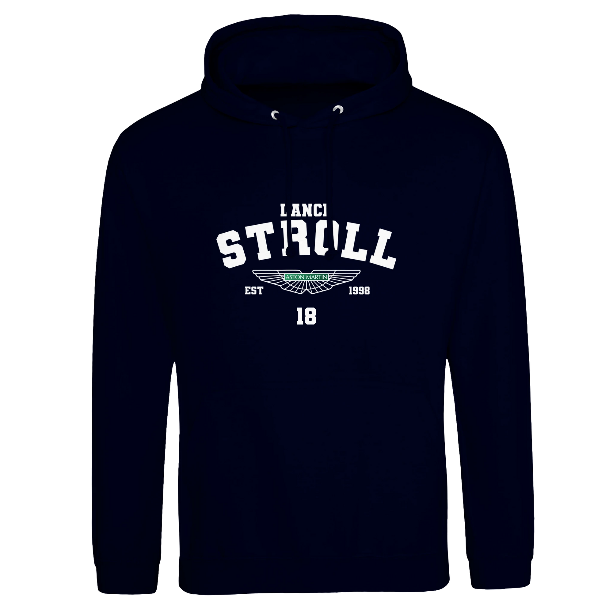f111 merch oxford-navy color hoodie with stroll branding.